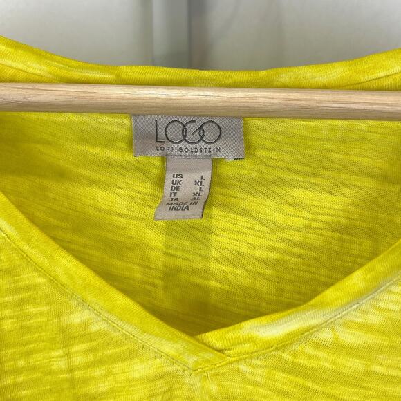 LOGO by Lori Goldstein Distressed Cotton Top w Embroidery Key Lime Yellow Size L - Picture 3 of 10